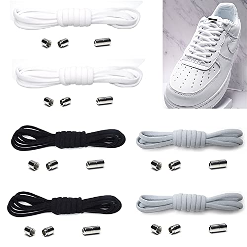 LOVECENTRAL 6 Pares Cordones Elasticos para Zapatillas, Cordones con Hebillas, Cordones Elásticos sin Atar, Cordones de Zapatos Ajustables para Varias Personas. (2pcs Blanco+2pcs Gris+2pcs Negro)
