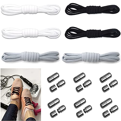 LOVECENTRAL 6 Pares Cordones Elasticos para Zapatillas, Cordones con Hebillas, Cordones Elásticos sin Atar, Cordones de Zapatos Ajustables para Varias Personas. (2pcs Blanco+2pcs Gris+2pcs Negro)