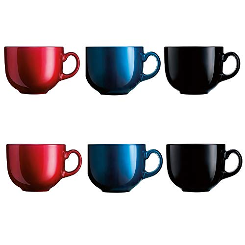 Luminarc Flashy Set 6 tazones Desayuno con asa de Vidrio para microondas 50cl, Negro