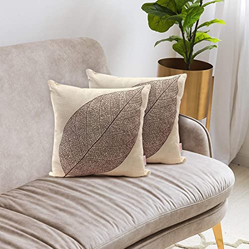 Luxbon 2 Funda Cojin Almohada Vena de Hoja Marrón Lino Duradero Decoración para Sofá Cama Coche Regalo del día de la Madre 45x45 cm