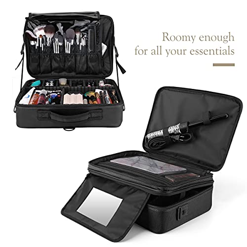 Luxspire Bolsa de Cosméticos de Viaje con Divisores Bolsillos con Espejo para Hombres y Mujeres, Estuche de Maquillaje Impermeable Portátil, Almacenamiento con Correa para Viajes de Negocios,L - Negro
