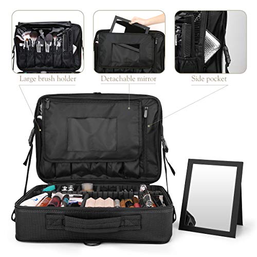 Luxspire Bolsa de Cosméticos de Viaje con Divisores Bolsillos con Espejo para Hombres y Mujeres, Estuche de Maquillaje Impermeable Portátil, Almacenamiento con Correa para Viajes de Negocios,L - Negro