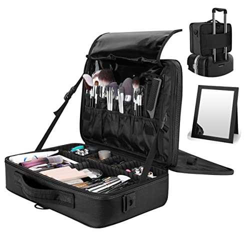 Luxspire Bolsa de Cosméticos de Viaje con Divisores Bolsillos con Espejo para Hombres y Mujeres, Estuche de Maquillaje Impermeable Portátil, Almacenamiento con Correa para Viajes de Negocios,L - Negro