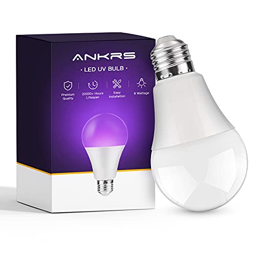 Luz Negra Ultravioleta 9W, Ankrs E27 Bombillas Ultravioleta con Efecto Fluorescente, UV Bombilla Luz Negra, Lamparas Ultravioleta para Pintura Fluorescente, Halloween Navidad Fiesta Discoteca（1 Pack）