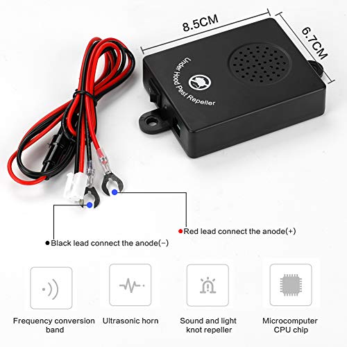 Lyeiaa Ahuyentador de martas para coche, antimartas, por ultrasonidos, frecuencia alterna contra martas para coche, función de flash LED, conexión a batería de coche de 12 V
