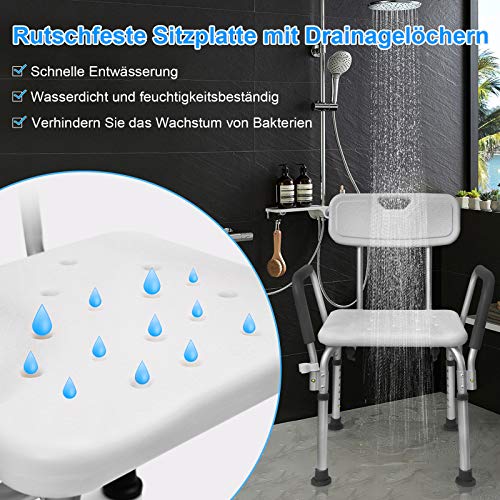 LZQ Silla de ducha regulable en 5 niveles, 37,5 - 50,5 cm, taburete de ducha con reposabrazos y respaldo antideslizante, asiento de ducha de aluminio y plástico HDPE