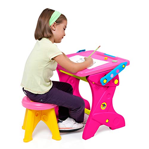 M MOLTO Pupitre Infantil con Pizarra 2 en 1 Rosa con 12 tizas, Lapiz, Borrador, sacapuntas, Goma y Banco para Sentarse.