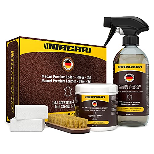 Macari Set de Mantenimiento de Cuero Zapatos sofá y Coche. Limpiador de tapicería y Grasa/Crema para Cuero como Accesorios para los Sets de Limpieza de Zapatos, Sets de Reparaciones de Cuero