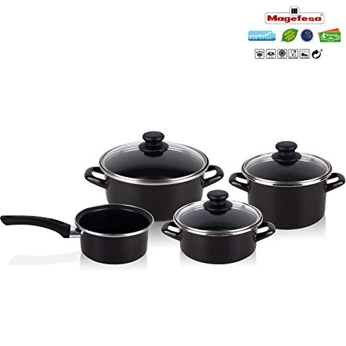Magefesa - Bateria de cocina 7 piezas + Set Juego 3 Sartenes 18-20-24 cm, antiadherente libre de PFOA, limpieza lavavajillas apta cocinas, vitroceramica, gas, fabricadas en España