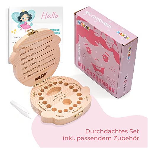 Magicat Caja dientes de leche para niños y niñas - cajita de madera para guardar dientes de bebé - regalos para acumulación de dientes (niña) - incluye pinzas y cuento del hada de los dientes