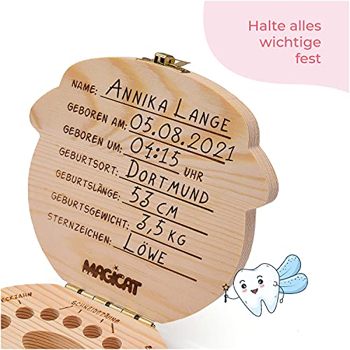 Magicat Caja dientes de leche para niños y niñas - cajita de madera para guardar dientes de bebé - regalos para acumulación de dientes (niña) - incluye pinzas y cuento del hada de los dientes