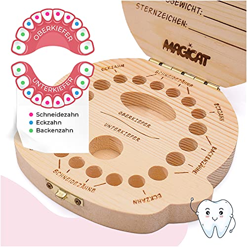 Magicat Caja dientes de leche para niños y niñas - cajita de madera para guardar dientes de bebé - regalos para acumulación de dientes (niña) - incluye pinzas y cuento del hada de los dientes