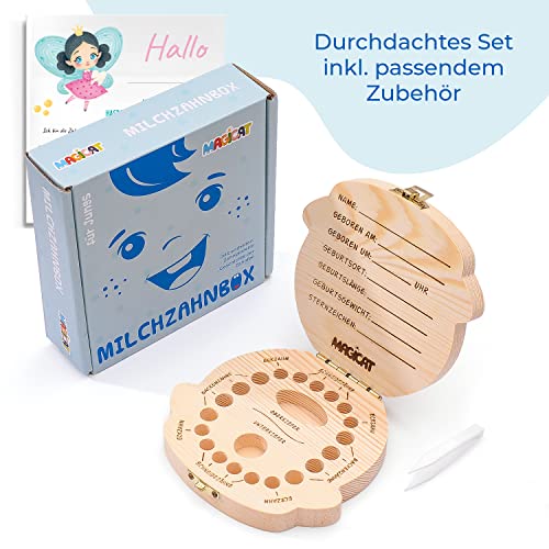 Magicat Caja dientes de leche para niños y niñas - cajita de madera para guardar dientes de bebé - regalos para acumulación de dientes (niño) - incluye pinzas y cuento del hada de los dientes