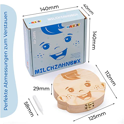 Magicat Caja dientes de leche para niños y niñas - cajita de madera para guardar dientes de bebé - regalos para acumulación de dientes (niño) - incluye pinzas y cuento del hada de los dientes