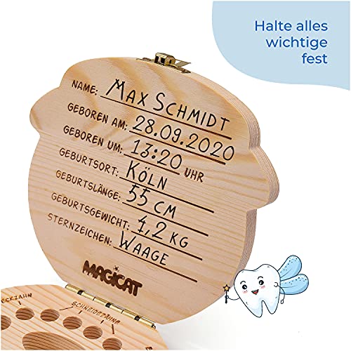 Magicat Caja dientes de leche para niños y niñas - cajita de madera para guardar dientes de bebé - regalos para acumulación de dientes (niño) - incluye pinzas y cuento del hada de los dientes