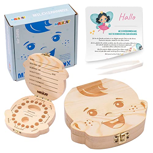 Magicat Caja dientes de leche para niños y niñas - cajita de madera para guardar dientes de bebé - regalos para acumulación de dientes (niño) - incluye pinzas y cuento del hada de los dientes