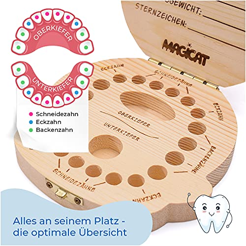 Magicat Caja dientes de leche para niños y niñas - cajita de madera para guardar dientes de bebé - regalos para acumulación de dientes (niño) - incluye pinzas y cuento del hada de los dientes