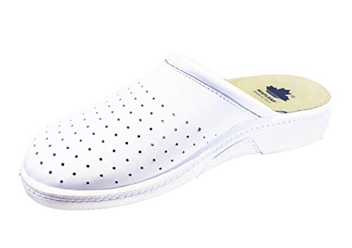 Mapleaf - Zuecos médicos para Hombre Saniter hopital casa Chef cuinero, Farmacia, Trabajo, Limpieza de Piel y Piel sintética, diseño Antideslizante, Blanco (Blanco), 42 EU