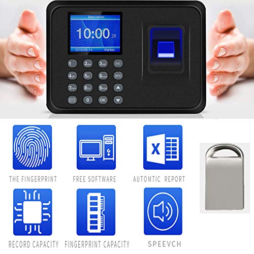 Máquina de Asistencia,Máquina Fichar de Asistencia Biométrica de Huella Dactilar con Sistema Española Pantalla LCD,Capacidad de 100.000 Registros,2.4 Pulgadas,con 8G Disco U (gray)