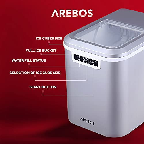 Máquina para hacer cubitos de hielo | 12 kg/24 h | 8 minutos de tiempo de producción | 2 tamaños de cubitos de hielo | 2,2 L | Arebos | silencioso | Ice Maker sin conexión de agua