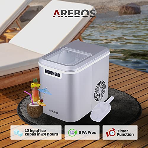 Máquina para hacer cubitos de hielo | 12 kg/24 h | 8 minutos de tiempo de producción | 2 tamaños de cubitos de hielo | 2,2 L | Arebos | silencioso | Ice Maker sin conexión de agua
