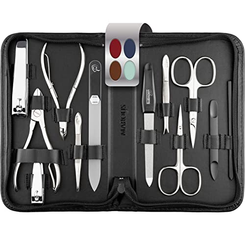 marQus set manicura y pedicura de 12 piezas en estuche de piel - Incluye tijeras, alicates, limas de uñas profesionales y mucho más