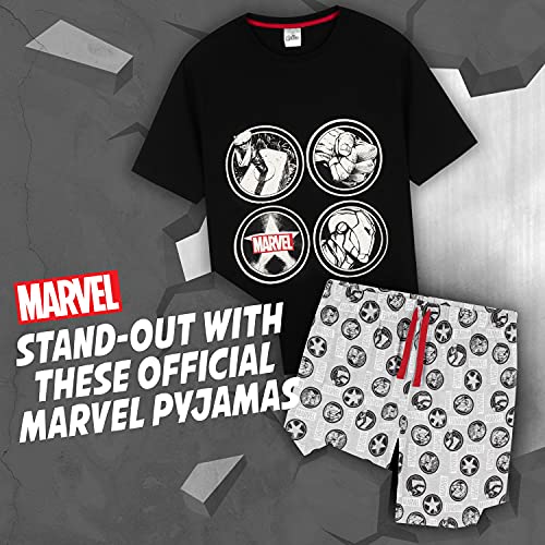 Marvel Pijama Hombre Verano, Conjunto Pijama para Hombre De Algodón, Pijama Corto con Iron Man, Capitán América, Hulk y Thor, Tallas Grandes Hombres M-3XL (L, Negro)