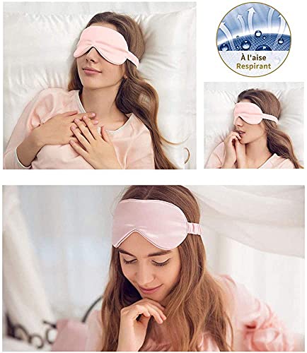 Máscara para dormir, máscara de ojos de seda natural 100% pura, para mujeres y hombres con tapones para los oídos y bolsa de almacenamiento, correa cómoda ajustable (polvo)