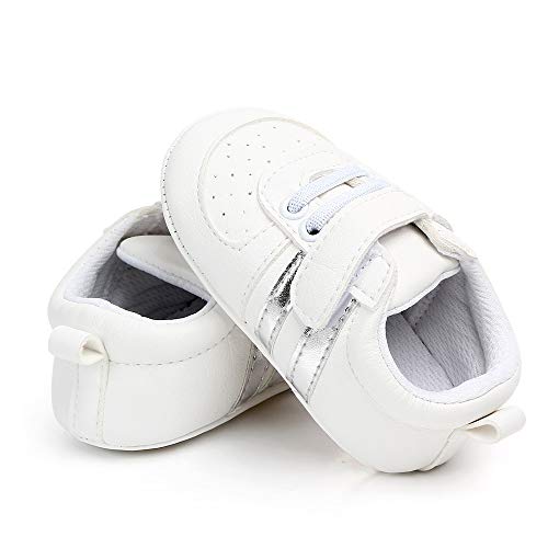 MASOCIO Zapatos Bebe Niño Niña Recién Nacido Primeros Pasos Zapatillas Deportivas Bebé Suela Blanda Antideslizante Blanco Plata 3-6 Meses