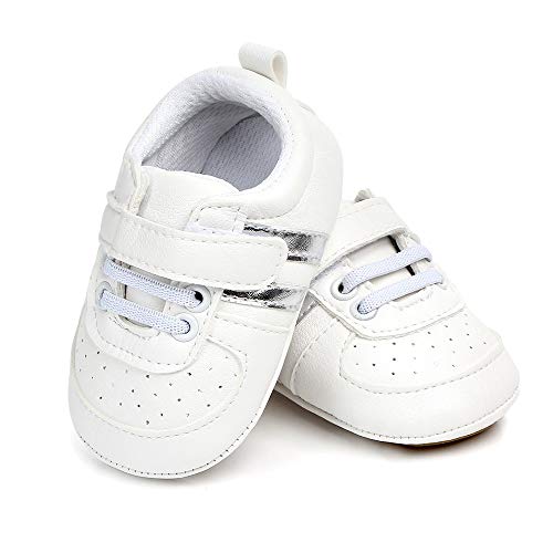 MASOCIO Zapatos Bebe Niño Niña Recién Nacido Primeros Pasos Zapatillas Deportivas Bebé Suela Blanda Antideslizante Blanco Plata 3-6 Meses