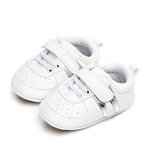 MASOCIO Zapatos Bebe Niño Niña Recién Nacido Primeros Pasos Zapatillas Deportivas Bebé Suela Blanda Antideslizante Blanco Plata 3-6 Meses