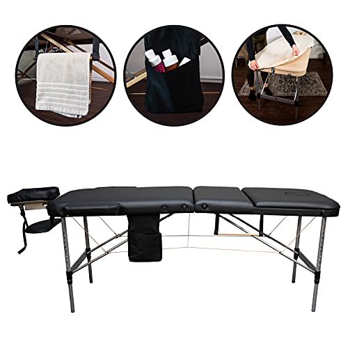 MASSUNDA COMFORT LIGHT Camilla de masaje portátil y ajustable en altura, estructura de aluminio plegable, apoyabrazos y respaldo, almohada para el cuello, reposacabezas ergonómico (Negro)