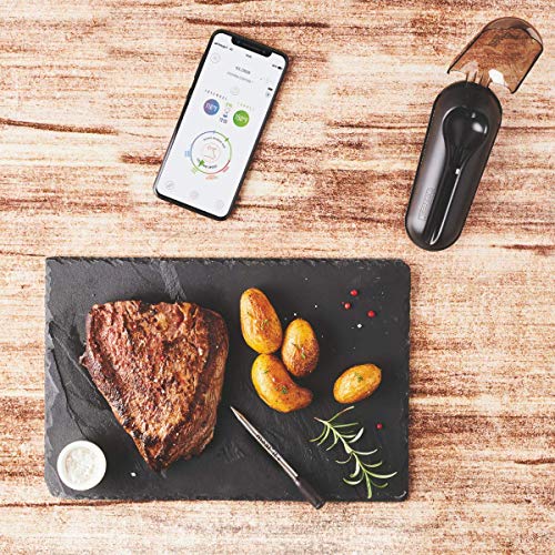 Mastrad – Meat°it + – Sonda de cocción 100% inalámbrica – Termómetro de carne conectado – Horno, barbacoa, estufa – Control de temperatura – Largo alcance – Conexión Wi-Fi/Bluetooth – Negro