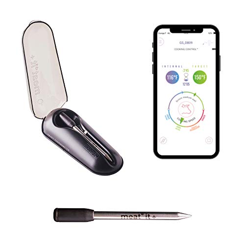 Mastrad – Meat°it + – Sonda de cocción 100% inalámbrica – Termómetro de carne conectado – Horno, barbacoa, estufa – Control de temperatura – Largo alcance – Conexión Wi-Fi/Bluetooth – Negro