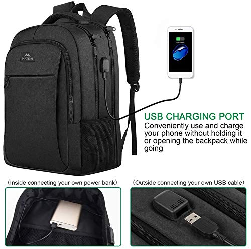 MATEIN Mochila Hombre 17.3 Pulgadas Antirrobo Mochila Portatil Trabajo Gran Capacidad Mochila para Portatil con Puerto de Carga USB Impermeable Mochila Ordenador para Viaje Diario Escolar - Negro