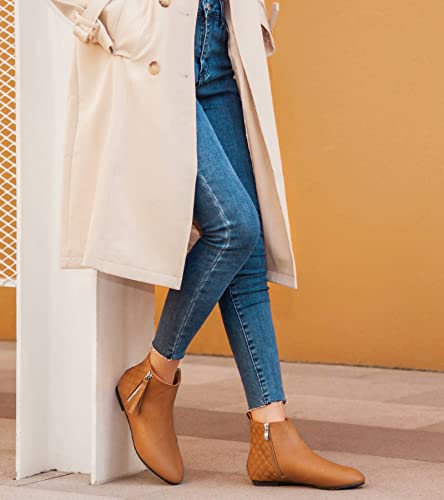 MaxMuxun Classic Camel PU Rejilla de Cuero Zapatos de Mujer Botines Planos Botas de tacón bajo Siex 7 UK