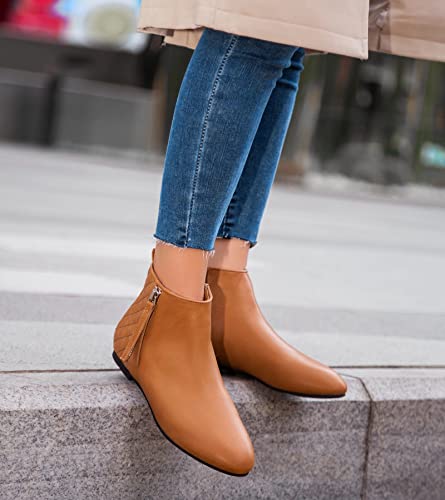 MaxMuxun Classic Camel PU Rejilla de Cuero Zapatos de Mujer Botines Planos Botas de tacón bajo Siex 7 UK