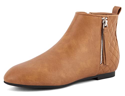 MaxMuxun Classic Camel PU Rejilla de Cuero Zapatos de Mujer Botines Planos Botas de tacón bajo Siex 7 UK
