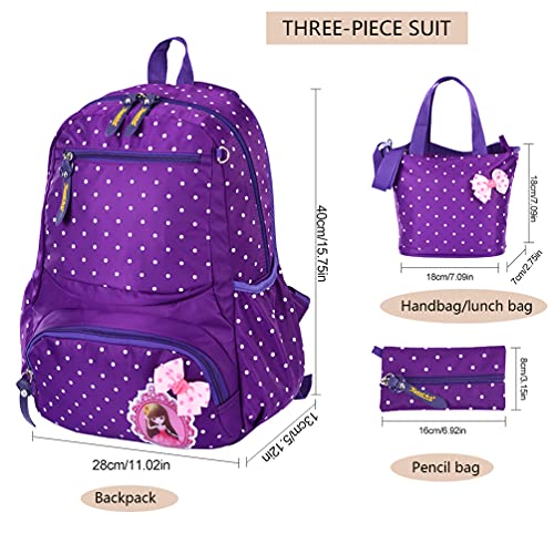 MCUILEE® Conjunto de 3 Polka Dot Lindo Las Mochilas Escolares Universidad/Bolsas Escolares/Mochila niños niñas Adolescentes + Bolsa de Mano + Bolsa de lápiz,Púrpura