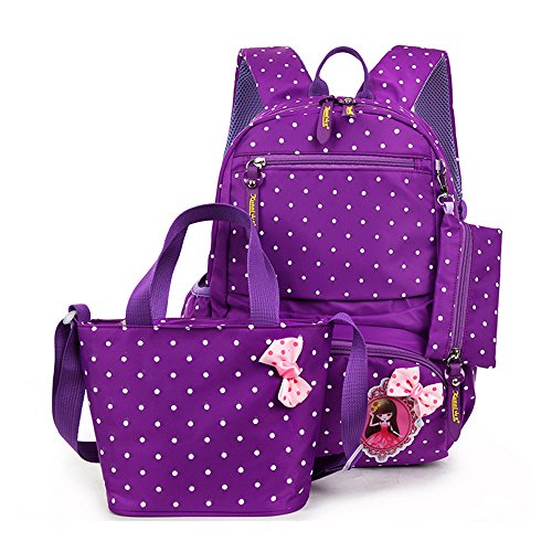 MCUILEE® Conjunto de 3 Polka Dot Lindo Las Mochilas Escolares Universidad/Bolsas Escolares/Mochila niños niñas Adolescentes + Bolsa de Mano + Bolsa de lápiz,Púrpura