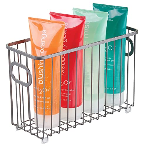 mDesign Cesta de almacenaje en metal con asas integradas – Caja organizadora pequeña con atractivo diseño en malla de alambre – Ideal como organizador de baño para cosméticos – gris oscuro