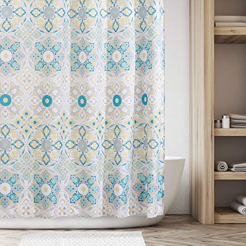 mDesign Cortina de baño con diseño de medallones – Cortinas para ducha con medidas ideales para el baño: 183 cm x 183 cm – Cortina para bañera de gran durabilidad – turquesa y amarillo