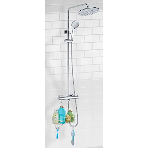 mDesign Estantería de ducha para colgar sin taladro – Estantería metálica con cesta de almacenaje y 4 ganchos – Estantería para ducha ampliable – Ideal para ahorrar espacio en la ducha – plateado mate