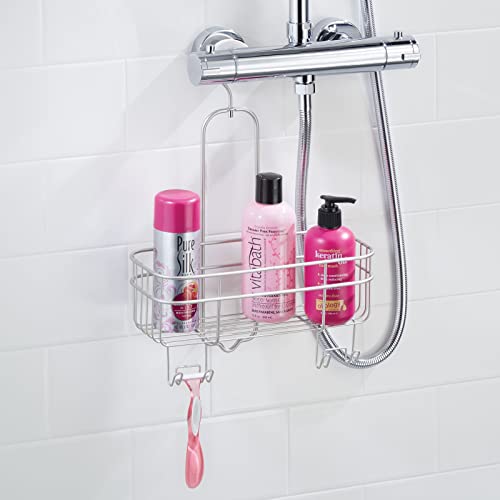 mDesign Estantería de ducha para colgar sin taladro – Estantería metálica con cesta de almacenaje y 4 ganchos – Estantería para ducha ampliable – Ideal para ahorrar espacio en la ducha – plateado mate