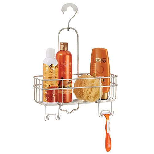 mDesign Estantería de ducha para colgar sin taladro – Estantería metálica con cesta de almacenaje y 4 ganchos – Estantería para ducha ampliable – Ideal para ahorrar espacio en la ducha – plateado mate