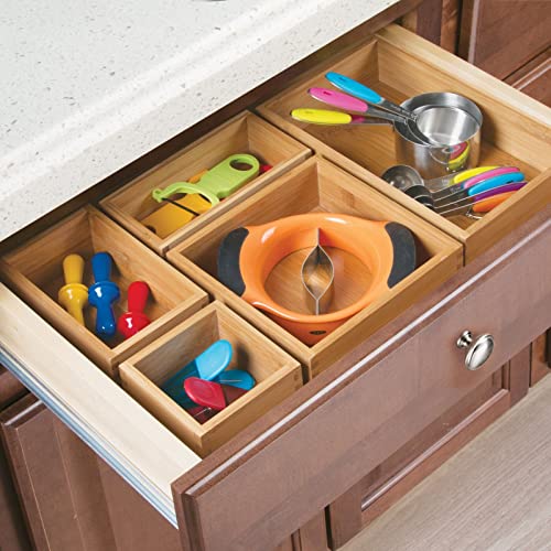 mDesign Juego de 2 organizadores de cajones para la cocina – Cajas organizadoras modulares para accesorios de cocina y más – Separador de cajones de bambú – marrón claro