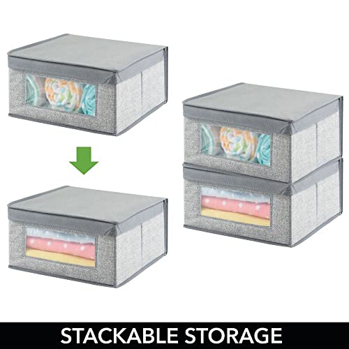 mDesign Juego de 4 Cajas organizadoras Medianas de Tela – Organizadores para armarios para el Cuarto de los niños – Caja para organizar Ropa, Mantas o Baberos con Tapa y Ventana – Gris