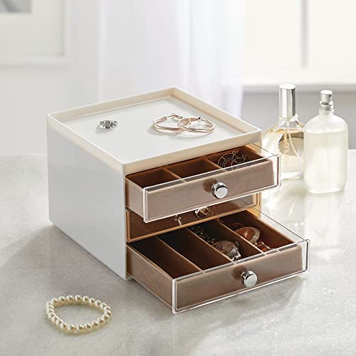 mDesign Organizador de joyas – Joyero organizador con tres cajones para pendientes, collares, anillos y pulseras – Cajas para joyería pequeñas de plástico – crema/marrón