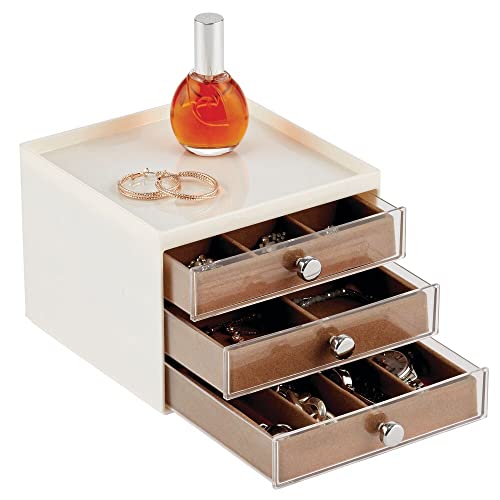 mDesign Organizador de joyas – Joyero organizador con tres cajones para pendientes, collares, anillos y pulseras – Cajas para joyería pequeñas de plástico – crema/marrón
