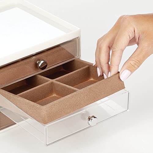 mDesign Organizador de joyas – Joyero organizador con tres cajones para pendientes, collares, anillos y pulseras – Cajas para joyería pequeñas de plástico – crema/marrón